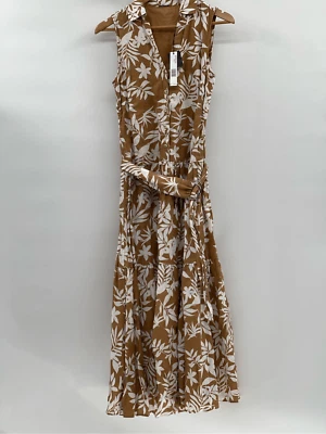 Elie Tahari Midi Dress Linen Women XS Tan White Floral Tiered Sleeveless Collar - Image 1 of 4