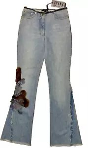 Roccobarocco Neu Neu mit Etikett Gr. 27 helle Waschung weites Bein Fell Leder Applikation Retro Jeans - Bild 1 von 11