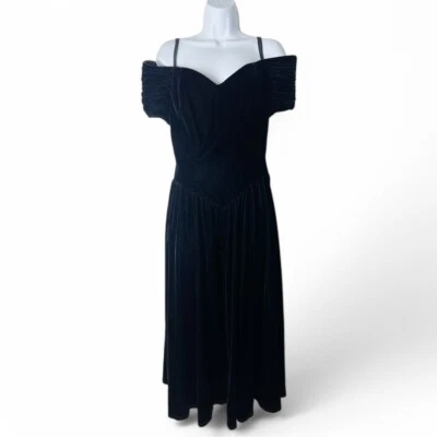 Karin Stevens винтажный с плеча бархата макси Бардо платье черный новый с Ярлыками Sz. 10 - Изображение 1 из 4