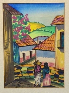 Vintage Mid Century Gouache Aquarell signiert von G Rosales (mexikanisch) Dorf 2 verfügbar - Bild 1 von 5