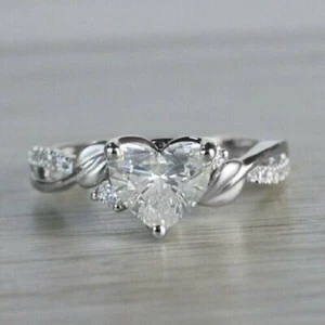 14K White Gold Plated In 2Ct Heart Cut Simulated Diamond Women's Engagement Ring - Picture 1 of 9