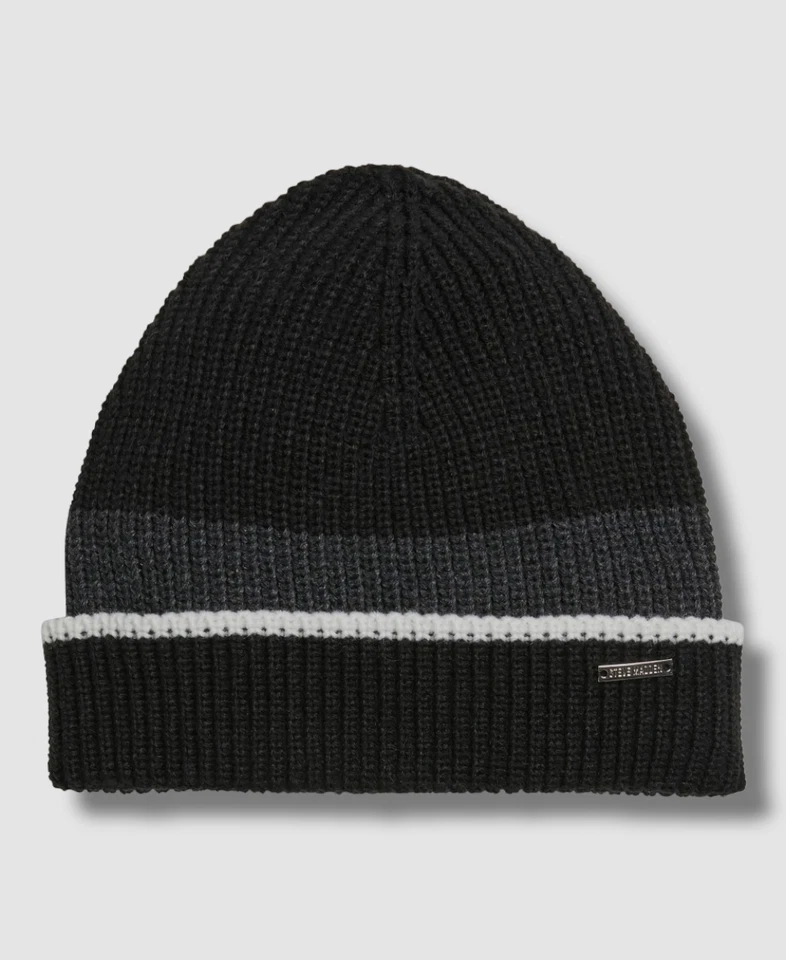 $32 Steve Madden Hombre Negro Rayas Puño Enrollado Gorro Talla Única Foto 1 de 1