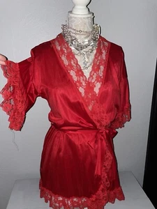 VAL MODE M Flutter Wrap Robe Red Nylon Short Ruffles sleeves FRILLY Medium Vtg - Picture 1 of 16