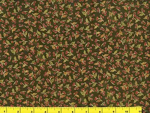 Gold Accented Tiny Red Cherries on Dark Green Quilting Fabric by Yard #579 - Picture 1 of 1