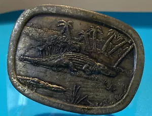 Vintage Indiana Metal Craft Cuban Crocodile Nature Scene Brass Tone Belt Buckle - Picture 1 of 2