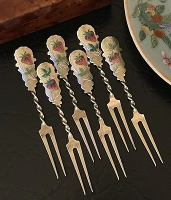 "Juego de 6 horquillas de fresa de plata esterlina raras esmaltadas lavado en oro americano 4,4"" c1900" Foto 1 de 4