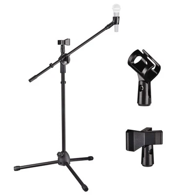360° Rotating Microphone Stand Dual Mic Clip Boom Arm Foldable Tripod Holder - Image 1 of 4