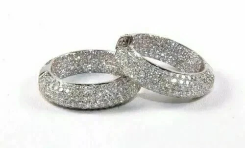 Cut Real Moissanite 2CT Round Pave Set Huggie Hoop Earrings 14k White Gold Over - Image 1 of 1