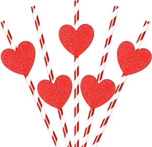 Valentine Paper Straws 60Pcs Metallic Red Drinking Straws with 60Pcs Glitter Red - Picture 1 of 7