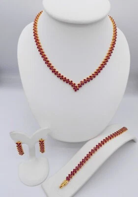 Conjunto Rubí Tailandés Baht Chapado en Oro Amarillo Mujer Collar Pulsera Pendientes Joyería Foto 1 de 4