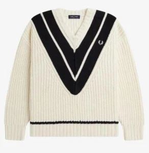 FRED PERRY TIPPED V-NECK JUMPER ECRU K5100 560 NEW WITH TAGS SIZE 6 - Picture 1 of 10