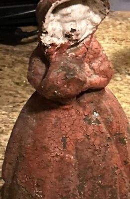 ANTIQUE FIGURAL CAST IRON DOORSTOP WOMAN HOLDING FLOWERS Original Paint - Image 1 of 4