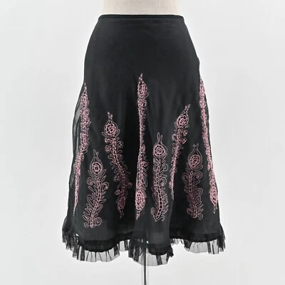 Falda CAROLE LITTLE De Colección Talla 8 Negra Seda Rosa Bordada Tul Bruja ALine Foto 1 de 4