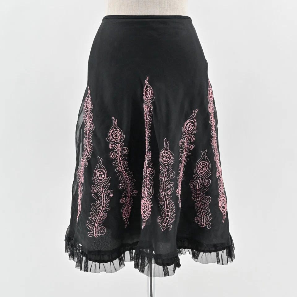 Vtg CAROLE LITTLE Skirt Size 8 Black Silk Pink Embroidered Tulle Witchy ALine - Image 1 of 4