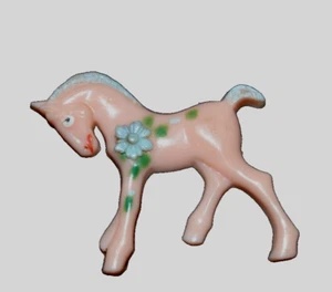PINK UNICORN Pin Brooch Vintage CARVED PAINTED FLOWERS 2" long x 1.5" high - Picture 1 of 4