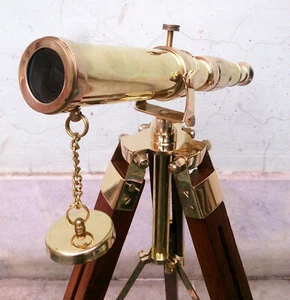 Nautical Shiny Brass Spyglass Telescope With Wooden Tripod Marine Scope. - Bild 1 von 3