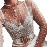 Women Elegant Pearl Beads See Through Top Blouse Long Sleeve Sexy Top O Neck New