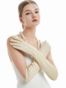 Women 50cm Elbow Long Real Sheep Leather Gloves In Beige SizeM
