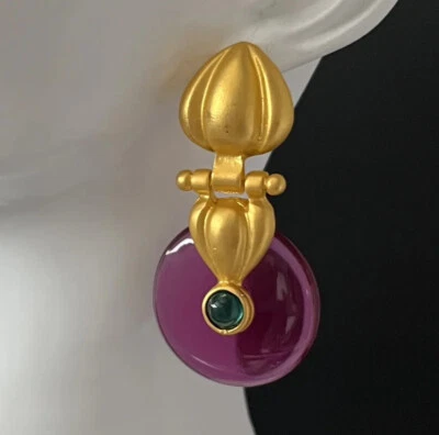 Pendientes llamadores puerta oro mate etrusco púrpura lucite declaración magnate perforado Foto 1 de 4