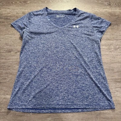 Under Armour Shirt Womens Large Blue Short Sleeve Logo Gym Training V Neck - Image 1 of 4