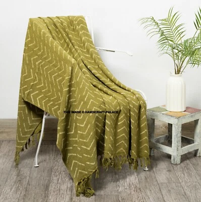 100%Cotton Tassels Blanket Hand Block Print Indian Bed Sofa Rug Home Decor Throw - Image 1 of 3