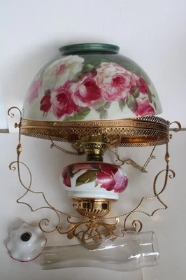 Antique Floral Pink Rose Edward Miller Co. Hanging Victorian Oil Lamp - Image 1 of 4