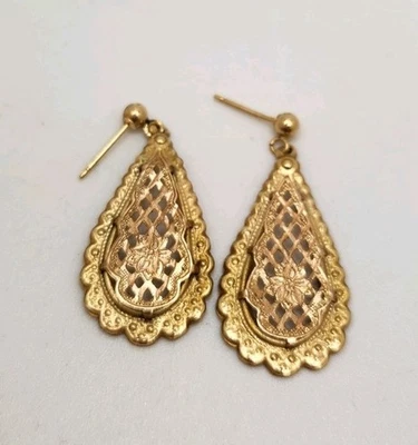 Pendientes Oro 14kt Jcm Colgantes Gota Lágrima Flor Calado Dos Tonos Luz 1 Gr Foto 1 de 4