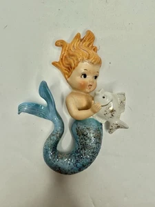 Vintage Norcrest Mermaid P-659 Blue Tailfin Red Hair w/Fish Wall Plaque Japan - Picture 1 of 5