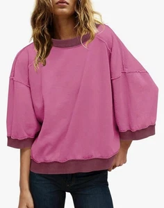 Pink Sweatshirt | Burgundy Tonal Cuffs & Collar | Trendy Seam Detail | M | NWT - Picture 1 of 9