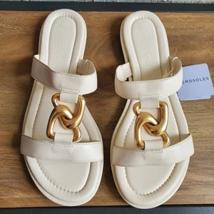 Aerosoles Geraldine Slide Sandals W 10.5 Ivory Gold Faux Leather Comfort Shoes - Picture 1 of 15