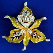 New ListingOmg! Nolan MiLler Emerald Cut RhiNestone Jeweled Enamel OrchiD Flower PiN Brooch