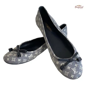 Auténtico Louis Vuitton Azul Mini Lin Monograma Lona Debbie Ballet Pisos 6.5 - Imagen 1 de 13