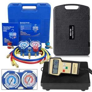 AC Manifold Gauge Set w/Hoses R410a R22 R134a + Electronic Charging Scale 220lbs - Picture 1 of 24