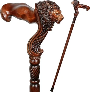 Handmade Wooden Walking Cane, Lions Head Design, Ergonomic Comfort Grip, Carved - Picture 1 of 3