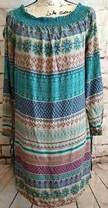 Beach Lunch Lounge Medium Shift Dress Turquoise Blue Smocked Boho Loose Casual - Picture 1 of 10