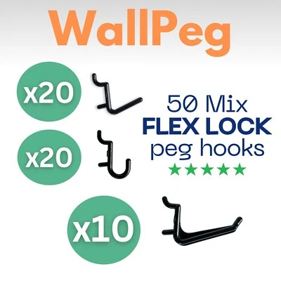 50 Assorted Black Locking Poly Peg Board Hooks fit "1/4" in. Standard Pegboard  - Image 1 of 4