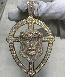 2 ct Round Cubic Zirconia Men's Jesus Cross Pendant in Silver Yellow Gold Plated - Picture 1 of 6