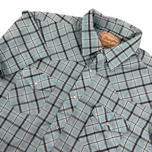 VTG Wrangler Pearl Snap XL Western Short Sleeve Blue Teal Plaid Performance - Picture 1 of 7