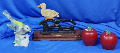 Vintage White Duck Cast Iron Metal Nutcracker, Apple Salt/Pepper Shakers, Bird - Image 1 of 4