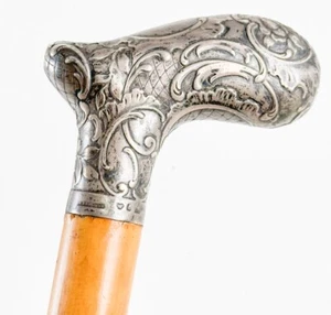 1880’s Victorian CG HALLBERG Sterling Silver Handle Cane Swagger Stick 34.5” Vintage - Bild 1 von 24