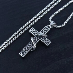 Stainless steel cross and snake animal Punk pendant necklace