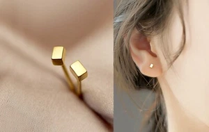 Pendientes de tachuelas rectangulares de oro diminutos, tachuelas de cubo de plata sutilíneo, tachuelas cortas de barra - Imagen 1 de 13