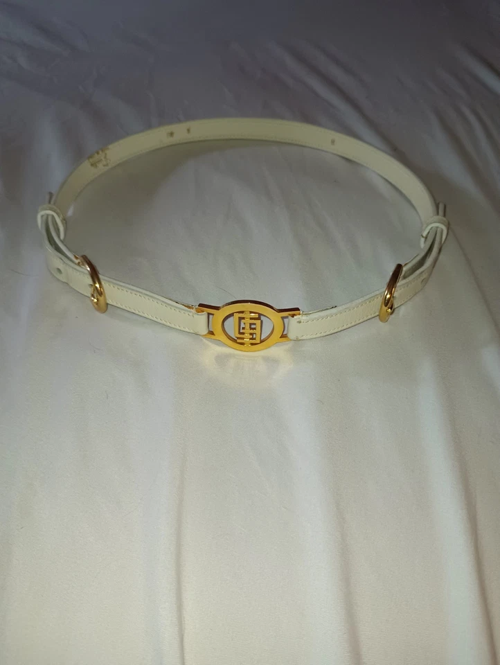 Cinturón de cuero blanco EMILIO PUCCI tono dorado EP logotipo circular 8 ajustable en muy buena condición Foto 1 de 4