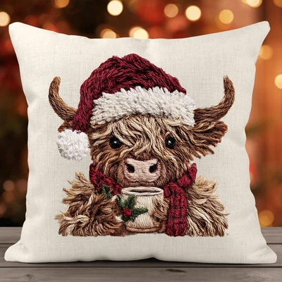 Highland Cow Christmas Linen Cushion & Cover,,Faux Yarn Crochet festive print - Image 1 of 4