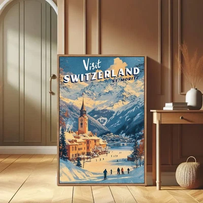 Visit SWITZERLAND St. Moritz Travel Poster Vintage Ski Snow Wall Art - Image 1 of 4
