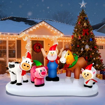 8FT Christmas Inflatables Santa Claus with Clydesdale Cow Pig and Sheep on Th... - Image 1 of 4