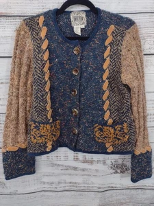 Curio Sweater Women PL Blue Knitted Marled Tortoise Buttons Velvet Ribbon Pilled - Picture 1 of 15