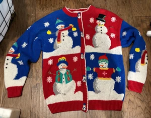 Vtg 90s Belle Pointe Christmas Sweater Cardigan 3D Snowman Buttons Women’s Large - Picture 1 of 5
