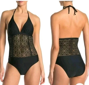 New Ella Moss One Piece Swimsuit Crochet Lace Halter Tie Black Women Size Medium - Picture 1 of 6