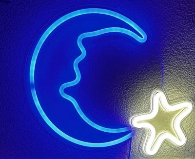 Letrero de neón • Luz nocturna estrella luna neón • Decoración de dormitorio y hogar • USB • 15” Foto 1 de 4